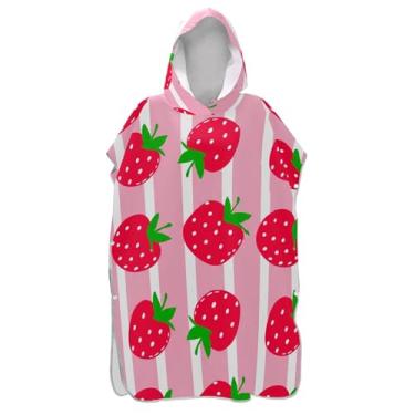 Imagem de TSENQUE Lindo poncho de surfe listrado rosa morangos para adultos trocador plus size ponchos femininos com capuz praia moletom toalha natação