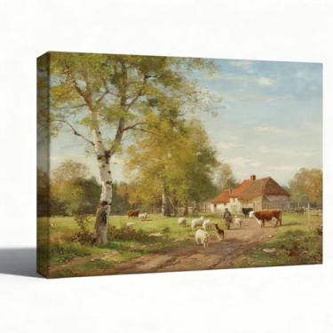 Imagem de Arte de parede em tela de fazenda com ovelhas, impressão de pintura a óleo de paisagem rústica, cena de celeiro rústica, decoração vintage de casa de fazenda para sala de estar, embrulhada em galeria