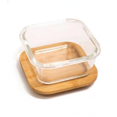 Imagem de Pote 320Ml De Vidro Com Tampa De Bambu Quadrado Raso - Oikos