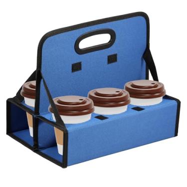 Imagem de UKQRRTC Porta-bebidas portátil com alça, suporte para copos, dobra plana, dobrável, material de tecido Oxford, resistente ao desgaste, até 6 xícaras de café ou canecas para entrega e retirada (azul)