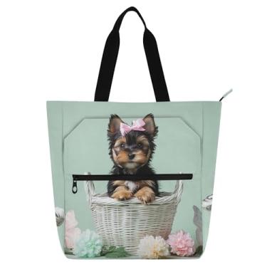 Imagem de GAIGEO Bolsa de ombro Yorkshire Terrier Puppy Book para mulheres, crianças, lona, zíper, estampa de cachorro fofo, trabalho, escola, viagem