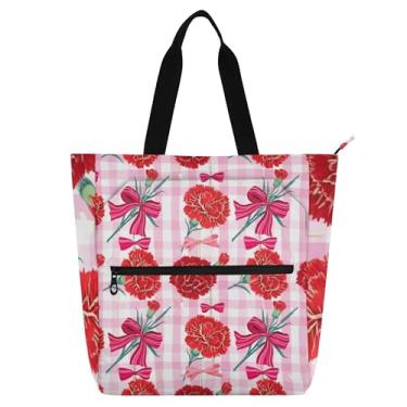 Imagem de Red Cravos Florais Laços Rosa Sacola Feminina para Trabalho Lona Praia Livro Bolsa Zíper Reutilizável Bolsas Amantes de Livros Presente