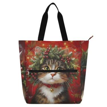 Imagem de Sacola vermelha de Natal com guirlanda de azevinho para mulheres, crianças, professores, escola, trabalho, livros, presentes, bolsa de lona com zíper