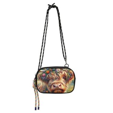 Imagem de TSENQUE Bolsa feminina floral Highland Cow pequena tiracolo bolsa de viagem sobre o ombro bolsas de cinto carteira para iphone