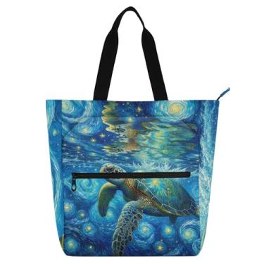 Imagem de GAIGEO Bolsa de trabalho noturna estrelada tartaruga marinha para mulheres, bolsa de lona para livro de praia com zíper, bolsa infantil fofa com compartimentos