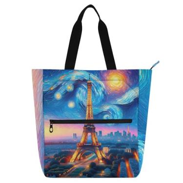 Imagem de GAIGEO Bolsa sacola para livros noturnos estrelados da Torre Eiffel de Paris para mulheres, crianças, professoras com zíper, lona média, escola, trabalho, viagem