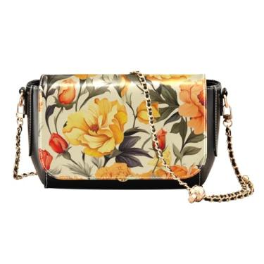 Imagem de GAIGEO Bolsa tiracolo feminina Edifícios com cúpula azul, bolsas de couro para mulheres tamanho médio, Flores amarelas e laranjas florais vintage - 3, One Size