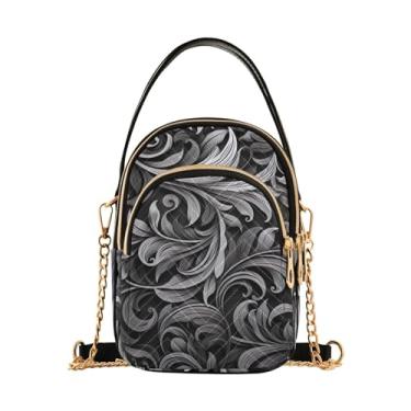 Imagem de Bolsa tiracolo feminina verde e preta Cacti Colors Bolsa transversal com alça longa, bolsa tiracolo elegante, Floral preto e branco com folhas e redemoinhos - 3, One Size