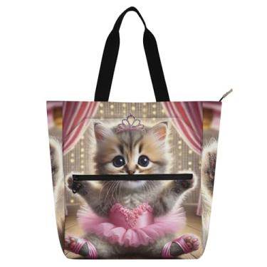Imagem de GAIGEO Sacola fofa de tutu de gatinho dançante para crianças, mulheres, escola, trabalho, viagem, zíper, bolsa de lona média