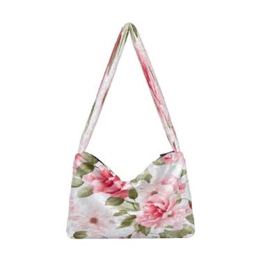 Imagem de Bolsa de ombro feminina com flor de peônia rosa, bolsa de mão com zíper, sacola feminina jovem, Rosa floral - 8, One Size