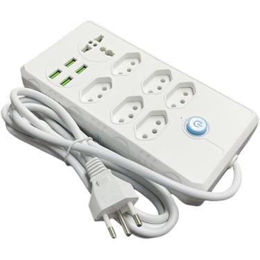 Imagem de Régua Filtro de Linha Branca com 7 Tomadas (1 Universal) e 4 USB, Bivolt 110/220V, 10A, Cabo 2 Metros – Ideal para Casa e Escritório