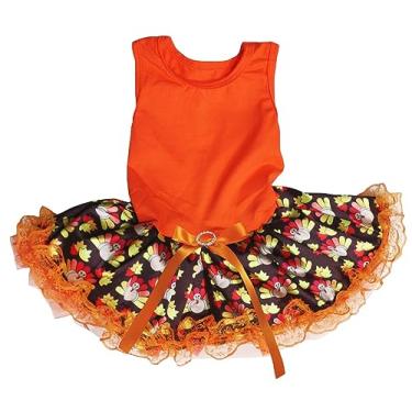 Imagem de Petitebella Vestido de cachorro com tema de Ação de Graças simples (renda de peru laranja/marrom, médio)