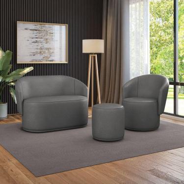 Imagem de Sofá Namoradeira Com Poltrona E Puff Orgânico Sala Malu Sintético M11 - D`rossi Grafite