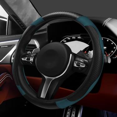 Imagem de Hovom Capa de volante de carro, capa protetora de volante de couro de fibra de carbono estilosa para 38 cm, antiderrapante e confortável, acessórios internos universais para decoração de carro (preto