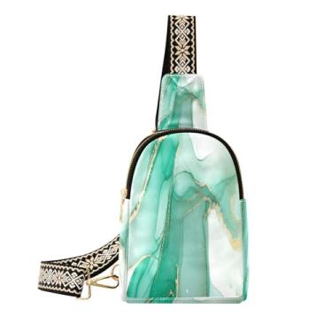 Imagem de CEBUGI Pochete feminina com textura de mármore ciano, bolsa tiracolo de couro, bolsa de peito para caminhadas, viagens ao ar livre