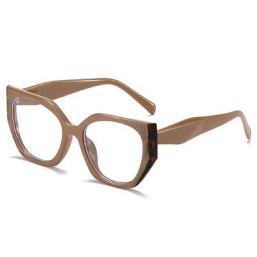 Imagem de Óculos femininos vintage com armação estilo olho de gato poligonal, lentes transparentes anti-luz azul, armação bicolor masculina (cáqui).