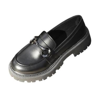 Imagem de Mocassins femininos de corrente de metal fosco, salto grosso, estiloso, tamanho grande, para outono e inverno, Preto, 38
