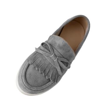 Imagem de Sapatilhas casuais femininas com bico redondo e detalhe de laço, mocassins sem cadarço com sola plana para conforto., Cinza, 36