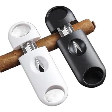 Imagem de JDIME Cortador de charutos portátil ABS capa de aço inoxidável em forma de V lâmina afiada abridor de cigarro acessório para fumar (preto)