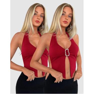 Imagem de Kit 2 Cropped Feminino Regata Suplex Decote V Fivela Orgânica Moda Blo