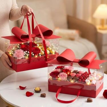 Imagem de AceOrbit Conjunto de 3 caixas de presente vermelhas grandes para Dia dos Namorados com laço de papel, cestas de presente vazias com tampa e alça, caixa de flores quadrada, embalagem para mulheres