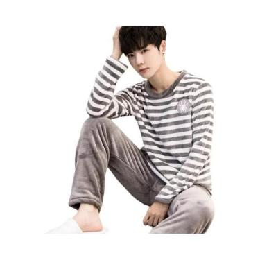 Imagem de Pijamas Masculinos De Fleece Coral Com Gola Redonda E Manga Longa, Con