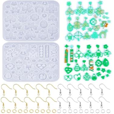 Imagem de Kit de moldes de brinco de resina de dia de São Patrício com gancho de brinco, moldes de silicone de resina de trevo verde para pingente de epóxi, pingente de pingente, colar de joias, chaveiros