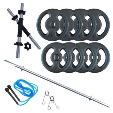 Imagem de Kit Musculação 20 Kg Barras E Anilhas + Corda - Treino Em Casa-Unissex