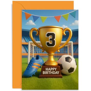 Imagem de Cartão esportivo de 3º aniversário de futebol para menino ou menina, design arrojado de bola de futebol e sapatos de troféu, para irmão, filho, sobrinho, neto, filha, neta, sobrinha, vazio dentro com