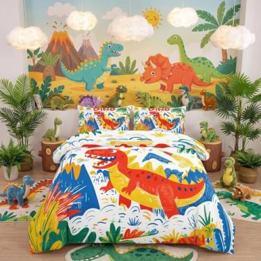 Imagem de Helloosun Conjunto de edredom solteiro de dinossauro, 5 peças, desenho animado de dinossauro, colorido, para crianças, solteiro
