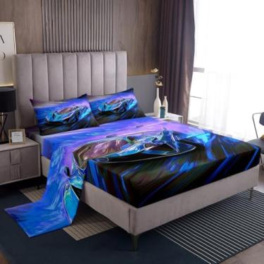 Imagem de jejeloiu Jogo de lençol casal de carro de corrida, esportes radicais, bolso profundo, azul, carro esportivo de velocidade, macio, 4 peças com 2 fronhas