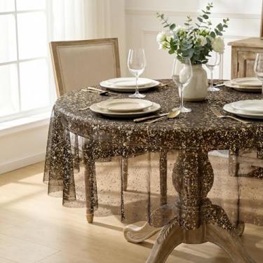 Imagem de Horaldaily Toalha de mesa de gaze dourada preta 152 x 152 cm, folha metálica com glitter de lantejoulas douradas, gaze de tule transparente para casamento, chá de bebê, cerimônia de aniversário