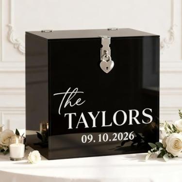 Imagem de LemonRoad Caixa de presente preta de acrílico de 25 cm com compartimento para fechadura e transferência de sobrenome, caixa de dinheiro para chá de panela, casamento, lua de mel, decoração de festa de