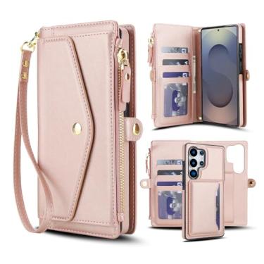 Imagem de Capa carteira para Samsung Galaxy S25 Ultra, capa flip magnética destacável com compartimentos para cartões, bloqueio RFID, suporte e alça de pulso, capa protetora para celular (ouro rosa)