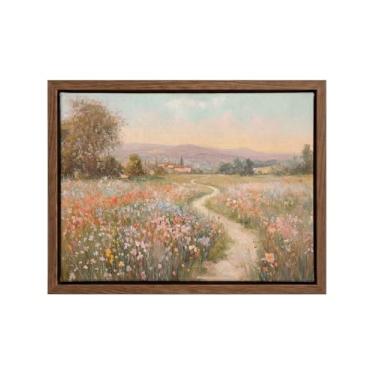 Imagem de Arte de parede em tela de prado de flores silvestres da primavera 40,6 x 30,5 cm emoldurada – Paisagem de caminho de campo pastel – Decoração de parede de casa de fazenda Cottagecore para sala de