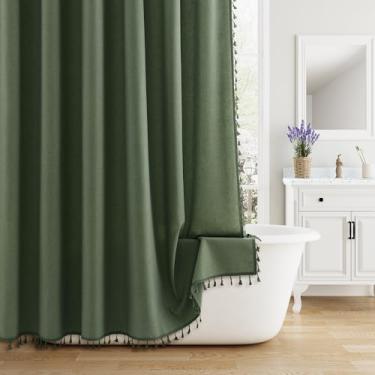 Imagem de Nanspring Cortina de chuveiro de linho boho verde oliva para banheiro luxuosa elegante moderna tecido rústico conjunto de cortina de chuveiro com ganchos estilo fazenda hotel acessórios de banho
