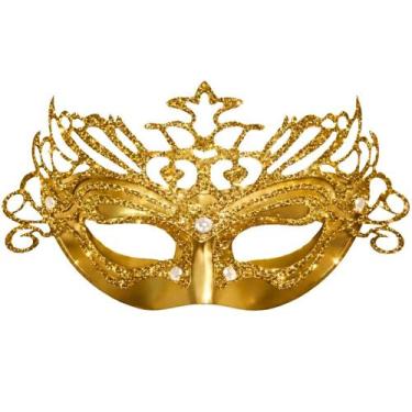 Imagem de Máscara Metálica Glitter Veneziana Carnaval Fantasia Luxo Cor:Dourado 