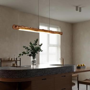 Imagem de Luminária pendente de madeira para ilha de cozinha, sala de jantar, lustre linear LED com intensidade regulável e controle remoto para mesa de jantar, cozinha, escritório, bar, loja, luminár