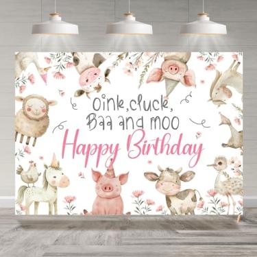Imagem de Rsuuinu Cenário de feliz aniversário, animais de fazenda, vaca, porco, ganso, galinha, cavalo, fundo floral para fotografia, meninas, crianças, decorações de festa de aniversário, faixa para fotos