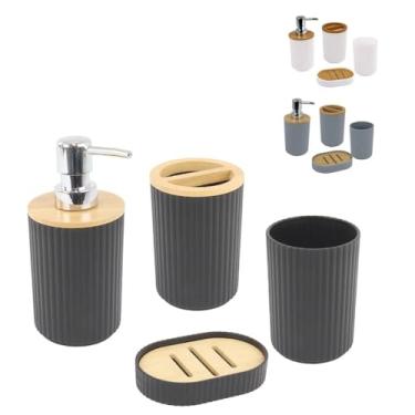 Imagem de Kit Banheiro 4 Peças, Plástico com Detalhes em bambu, preto, Porta Sabonete Líquido, Copo, Porta Escova, Saboneteira