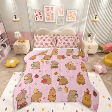 Imagem de Erosebridal Jogo de cama kawaii, solteiro, para meninas, animais roedores, fofos, rosa, para quarto de crianças, adolescentes, adultos, melancia, hambúrguer, cenoura, edredom com coração