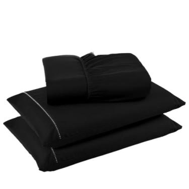 Imagem de Jogo De Lençol Com 3 Peças, Fronha Com Ponto Palito, Tecido Suave(preto,Casal)