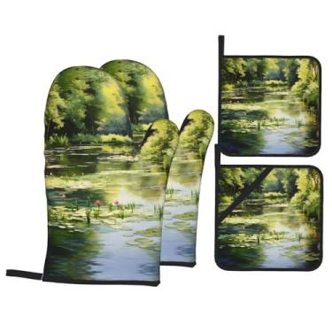 Imagem de Conjunto de luvas de forno impressas de nenúfares na lagoa, conjunto de 4 peças adequado para grelhar, cozinhar e assar