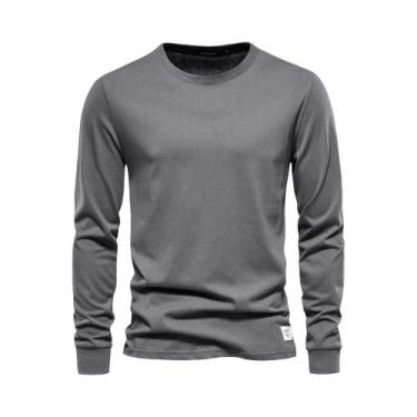 Imagem de Camiseta Masculina De Manga Longa Em Algodão, Cor Sólida, Gola O, Casu