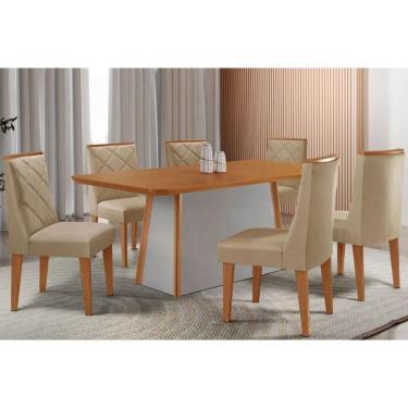 Imagem de Mesa Cozinha Tilia c/ Tampo Madeirado Canto Curvo 180x90cm e 6 Cadeiras Pietá Madeira Maciça Naturale/Off White - Capuccino/Linho Bege-Rufato