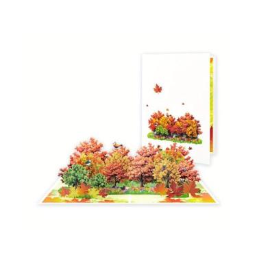 Imagem de Cartão comemorativo pop-up 3D, cena vívida de outono com árvores e pássaros coloridos, cartolina branca, ideal para celebrações de outono, aniversários, notas de agradecimento