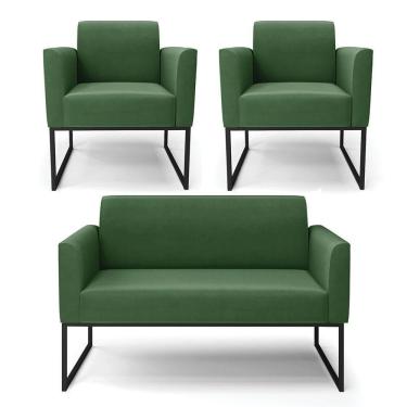 Imagem de Sofá Namoradeira Com 2 Poltronas Base Industrial Preto Marisa Suede Verde