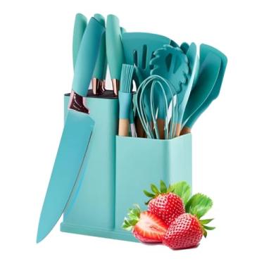 Imagem de Utensilios para Cozinha Silicone Kit com 19 Peças Cabo Madeira Conjunto Completo Espátula Concha Colher Jogo Suporte Faca Antiaderente Tabua Tesoura Faqueiro (VERDE 02)