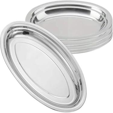 Imagem de Kit 10 Travessas Rasas Oval em Aço Inox 26 cm – Bandejas para Porções, Saladas e Alimentos