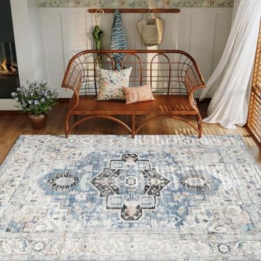 Imagem de PureCozy Tapete vintage 15 x 23 cm, quarto, escritório, cozinha, azul, lavável, sala de estar, tapete grande, antiderrapante, medalhão de pelo baixo, tradicional, envelhecido, retrô, para escritório,